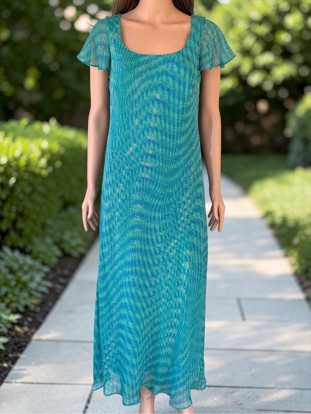 Vintage August Silk 100% Silk Maxi Dress Blue Teal Green Flutter Sleeve 10